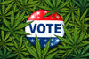 Vote badge with cannabis leaf background